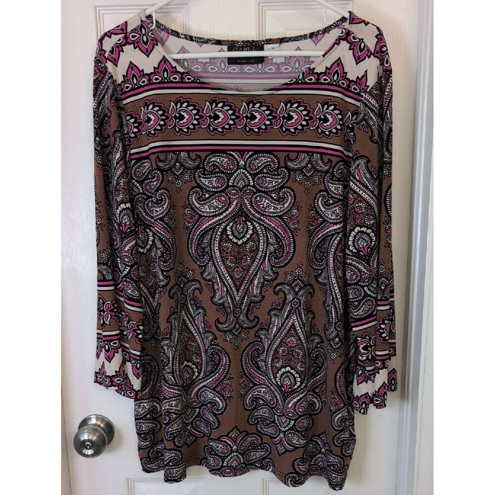 Bob Mackie Wearable Art Long Sleeve Paisley Tunic in Pink and Brown